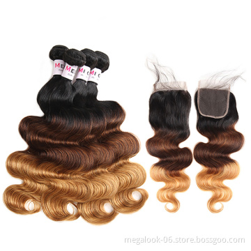 Grade 9A Peruvian Cuticle Aligned Body Wave Human Hair Bundles 4 Bundles With Closure